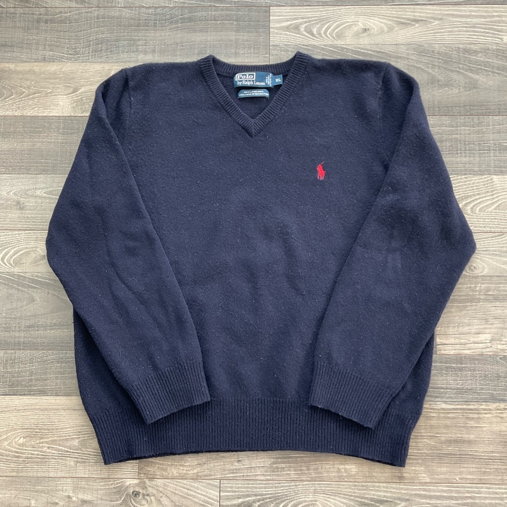 VTG Polo Ralph Lauren V-Neck Sweater Men’s XL Navy Blue Pony 100% Lambswool